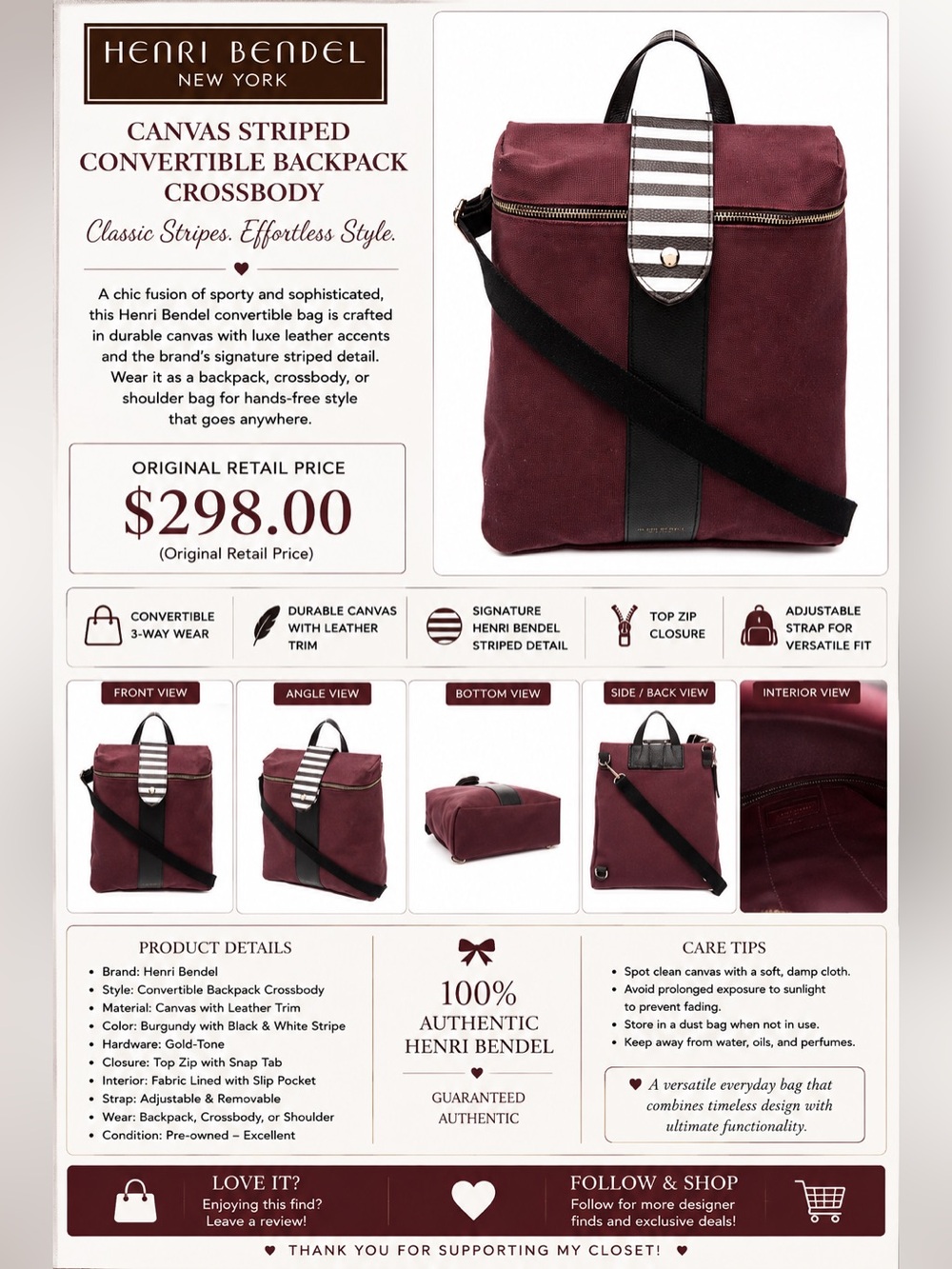 Henri Bendel canvas backpack/crossbody